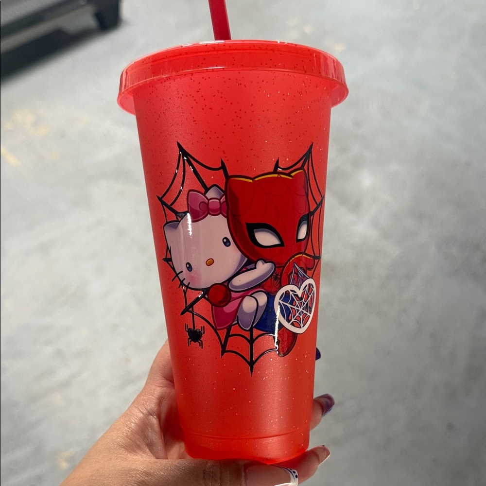 Red Tumbler with Spider man and hello kitty